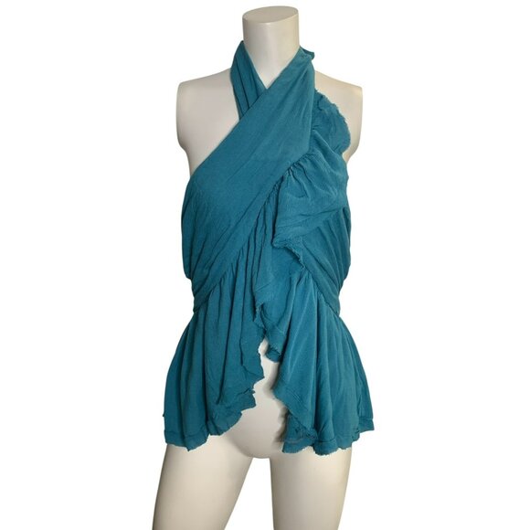 Free People Boho chic Halter Teal Wrap Top Flowy Ruffled Festival Earthy Beach S - Picture 1 of 6